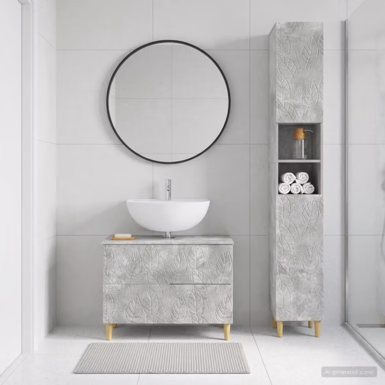 Set di mobili da bagno vidaXL DELFT composto da 2 pezzi, armadietto a muro e mobile sottolavabo, colore grigio cemento, design moderno con ante a cerniera e ripiani interni