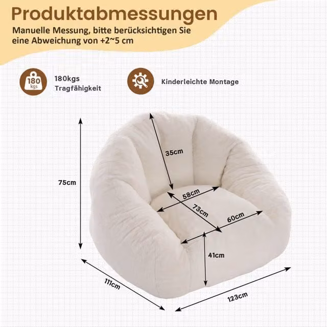Sitzsack per adulti WISHDOR in pelliccia sintetica bianca, pouf lounge moderno pre-riempito per soggiorno e camera da letto