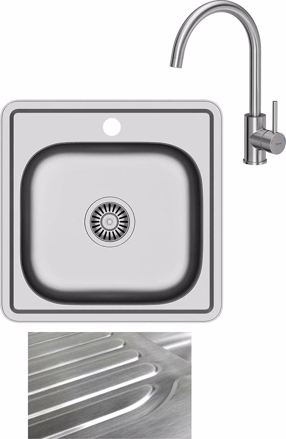VBChome Lavello da incasso con rubinetto 48x48 Struttura satinata da 45 cm Mobile sottolavello Lavello da cucina in acciaio inox Lavello Piano di appoggio Gocciolatoio Angolare Set di scarico da campeggio Sifone Rubinetto Inox Acciaio inox