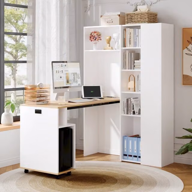 Scrivania pieghevole con libreria OKWISH bianca per home office L: 104,5 cm, P: 30,5 cm, H: 160 cm