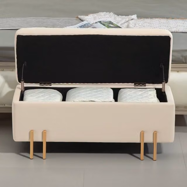 Panca contenitore imbottita MODFU in tessuto beige con struttura in legno e metallo L: 100 cm, P: 40 cm, H: 42 cm