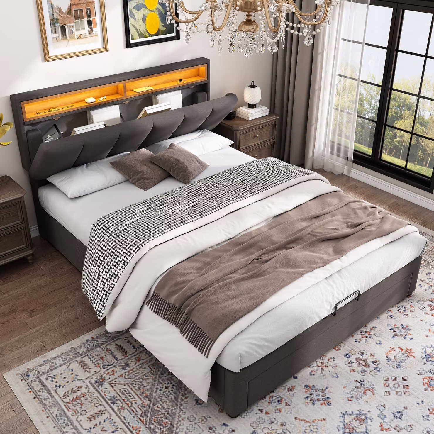 MODFU, letto imbottito 140x200 cm, letto a molle insacchettate, letto matrimoniale con sistema di sollevamento idraulico e illuminazione LED (senza materasso), colore grigio