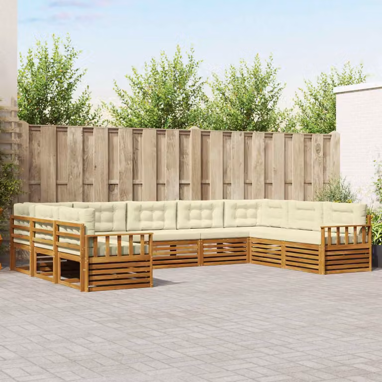 vidaXL Set di divani da esterno a L in legno di acacia con cuscini, 9 pezzi, Beige e Bianco