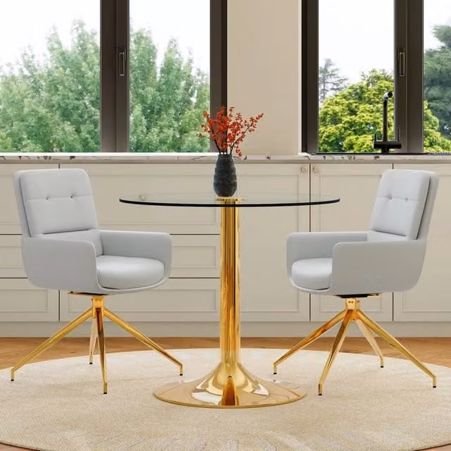 Set tavolo e sedie 85x85x76 cm con sedie girevoli; vetro temperato; PU e metallo gold