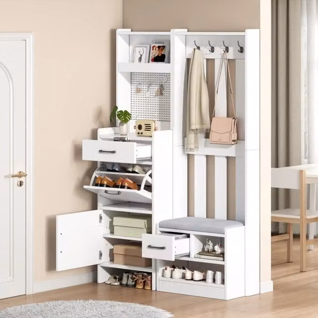 Mobile ingresso multifunzione 7 in 1 WISHDOR bianco con panca portascarpe, 2 cassetti, armadio, ganci e pannello forato L: 110 cm, P: 35 cm, H: 175,5 cm