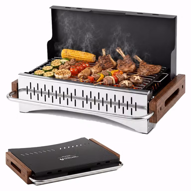 Griglia a carbone portatile e pieghevole KOMFOTTEU, con griglia regolabile in due altezze, maniglie in legno, chiusura magnetica, ideale per barbecue e campeggio