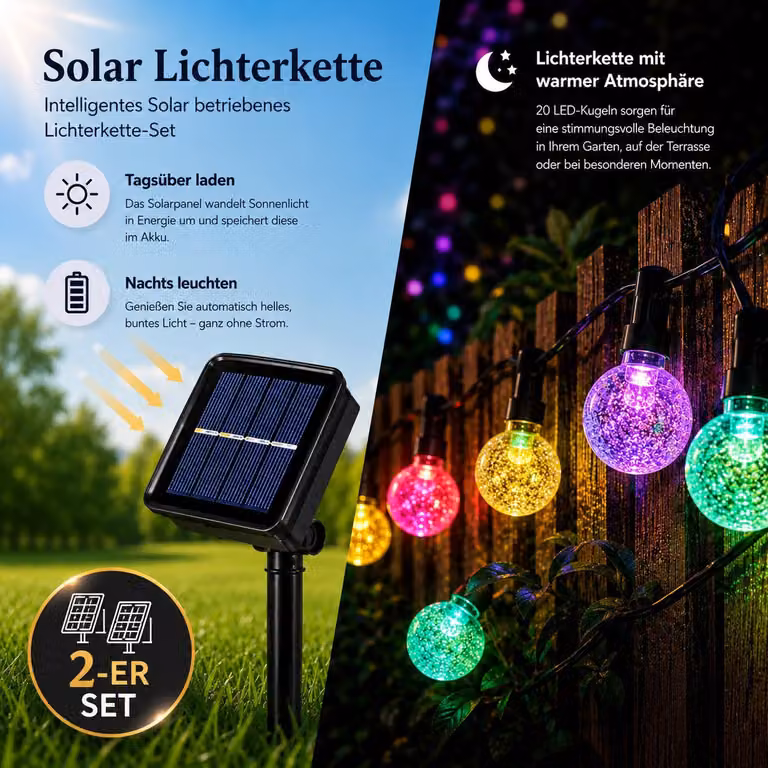 2x luci solari 5m - 20 LED a sfera di cristallo, colorate, IP65, giardino e terrazza, 8 modalità, H094