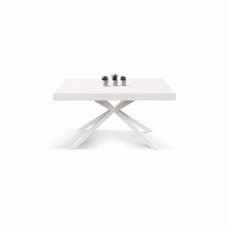 Tavolo CAMAIORE in legno, finitura bianco frassinato e base a X in metallo bianco, allungabile 180×90 cm - 260×90 cm