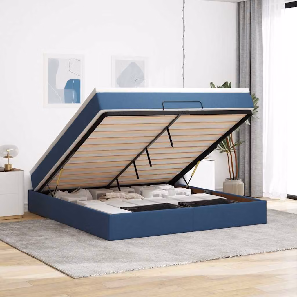 vidaXL Struttura Letto con Contenitore e Materasso in Tessuto Blu, L/P/H: 180 x 200 x 28 cm – 1