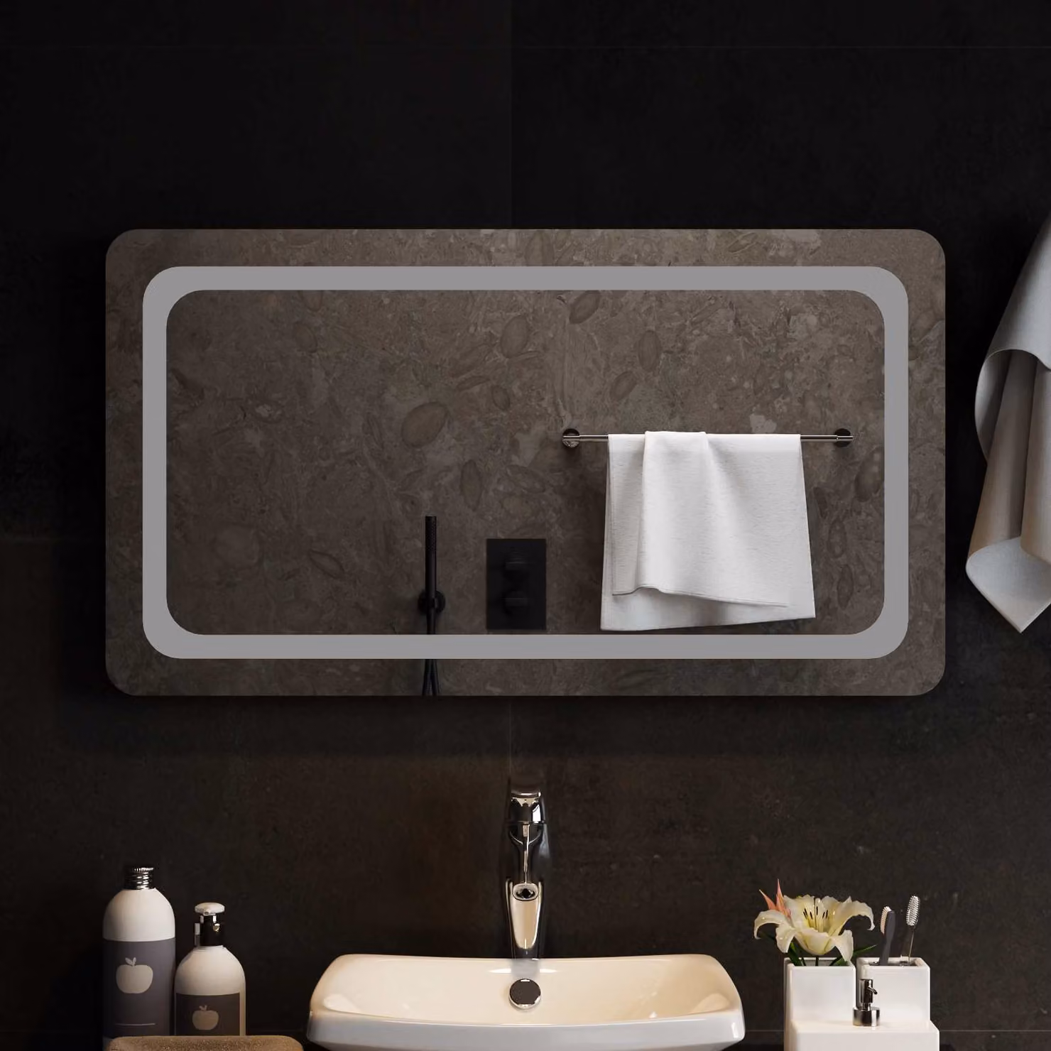 Specchio da bagno moderno vidaXL con illuminazione LED in vetro temperato trasparente, L: 90 cm, H: 50 cm