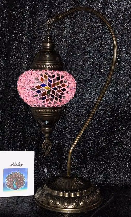 Lampada da tavolo turca rosa realizzata a mano in vetro con tessere colorate a mosaico – Lampada da notte orientale circa 45 cm