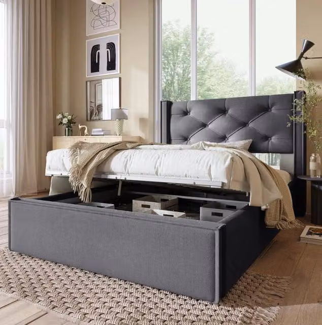 Letto singolo imbottito 90x200 cm con rete in metallo e vano contenitore, struttura in legno e cotone grigio