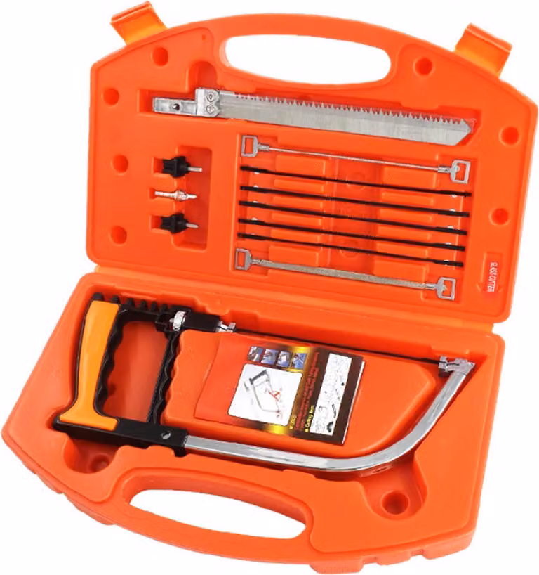 set di seghetti a mano 12in1 | sega a mano multifunzionale per il campeggio e l'outdoor | mini sega a filo universale con custodia | seghe a croce per metallo, plastica, vetro, piastrelle e legno | sega a traforo ad arco | sega corta