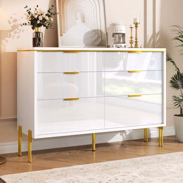 Madia bianca e oro con 6 cassetti e frontali lucidi; 120 x 40 x 85;5 cm