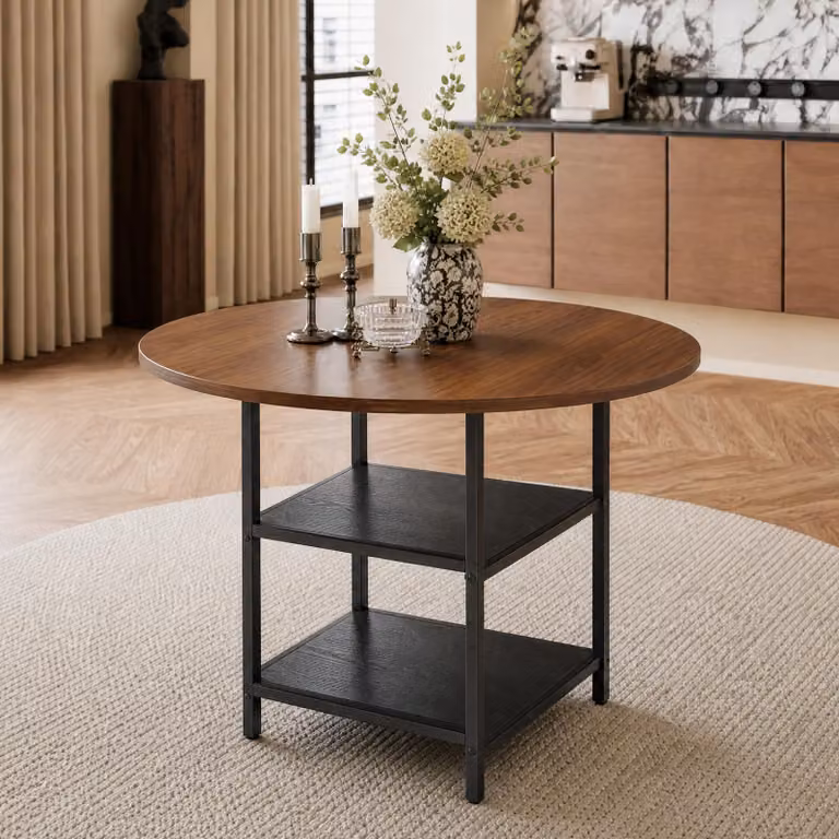 Tavolo rotondo da pranzo, diametro 107 cm, con ripiano aggiuntivo, realizzato in MDF e con struttura in metallo, adatto per 2-4 persone (colore: nero, noce)