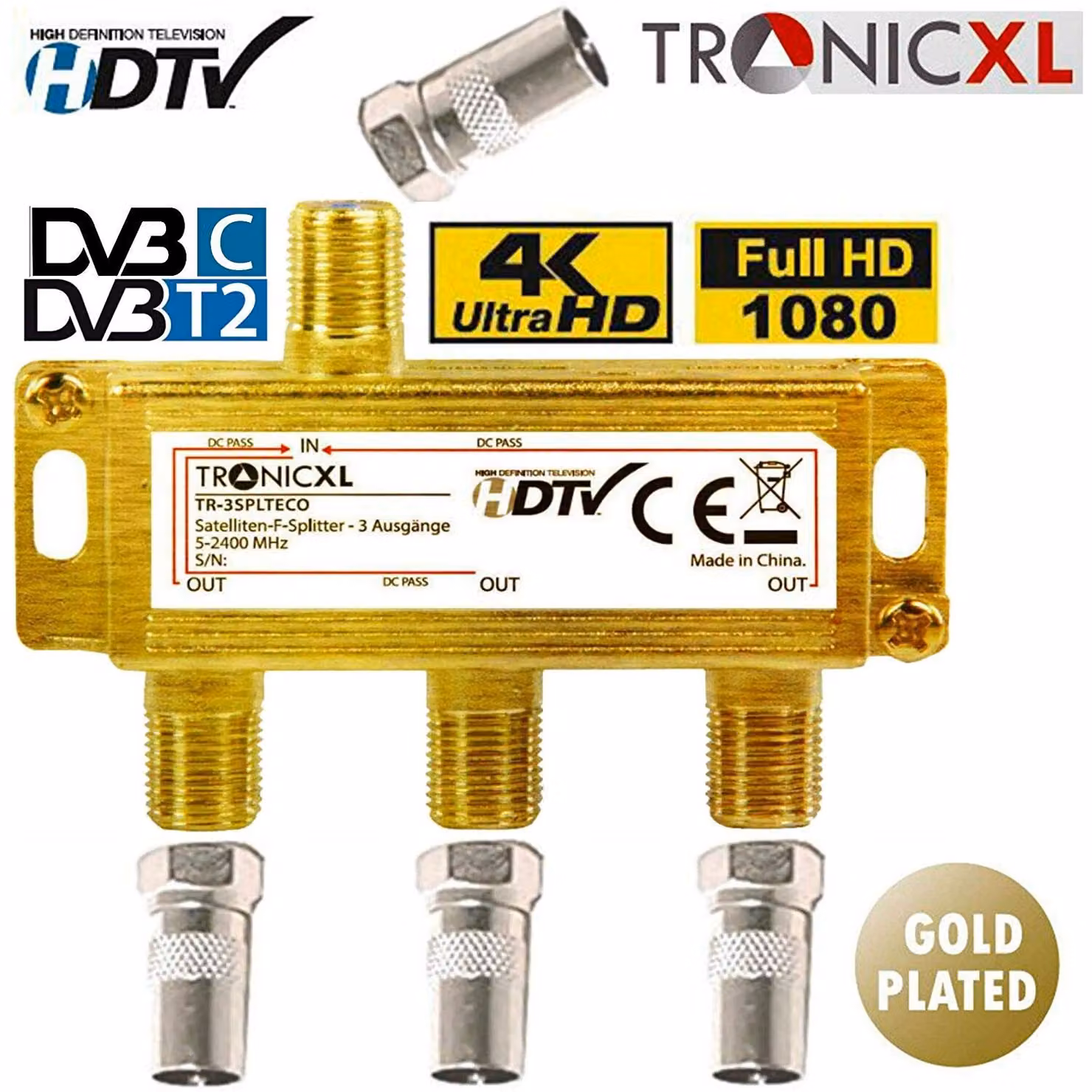 distributore di cavo a banda larga dorato a 3 pieghe Splitter TV Sat BK CATV