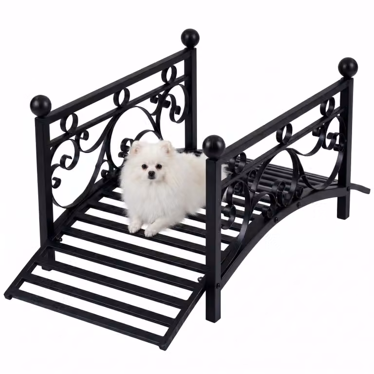 Ponte ad arco in metallo KOMFOTTEU, ponte per laghetto con ringhiera decorata, capacità portante fino a 150 kg, stabile e resistente agli agenti atmosferici, ponte ornamentale resistente alle intemperie per giardino, laghetto e ruscello, colore nero