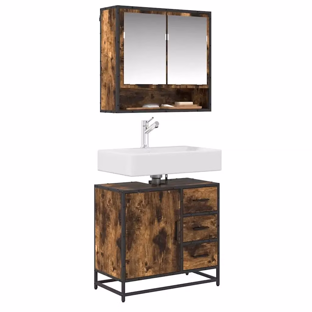 Mobile Lavabo da Bagno sospeso vidaXL in Rovere e Metallo, Colore Marrone, L 65 cm x P 33 cm x H 60 cm – 2