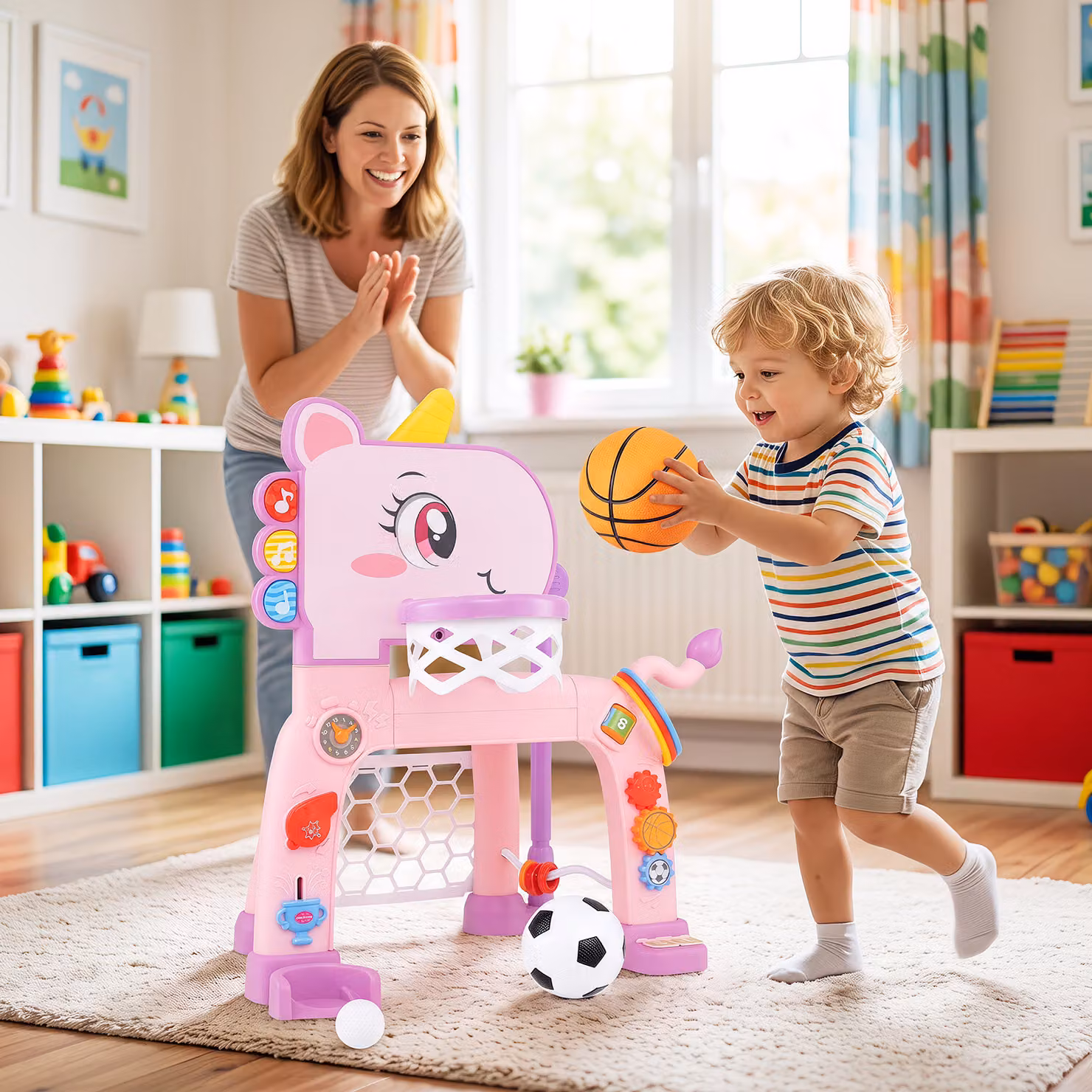 Canestro da basket 4 in 1 Costway per bambini dai 1+ anni, regolabile in altezza 62-70 cm, Rosa