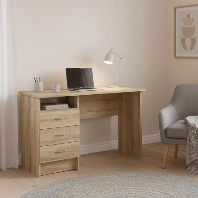 Scrivania moderna DMORA con cassettiera in finitura rovere, L: 120 cm, P: 72 cm, H: 48 cm
