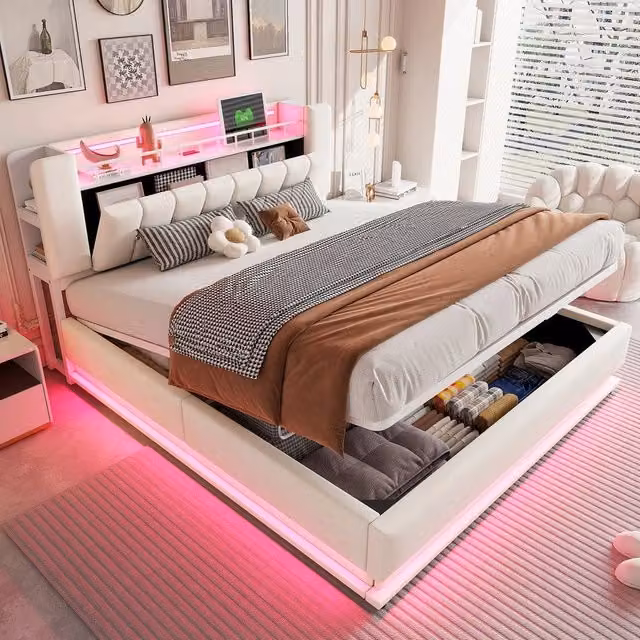 Letto imbottito contenitore con LED ¨C Minimal ¨C Beige velluto metallo 180x200cm idraulico