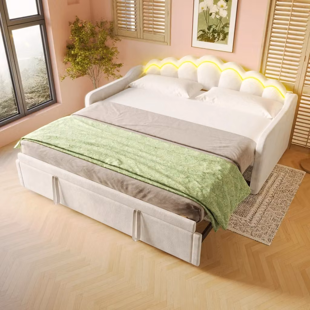 Divano letto estraibile REDOM in velluto beige con illuminazione LED sottostante e cassetti, L/P/H: 186.5 x 90 x 211 cm – 2