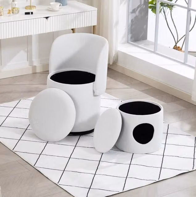 Sgabello imbottito a botte con rotazione 360°, contenitore interno e funzionalità multifunzionale per camera da letto e sala da pranzo