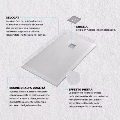 Piatto doccia rettangolare Karen INBAGNO bianco effetto pietra in resina minerale L: 120 cm, P: 80 cm