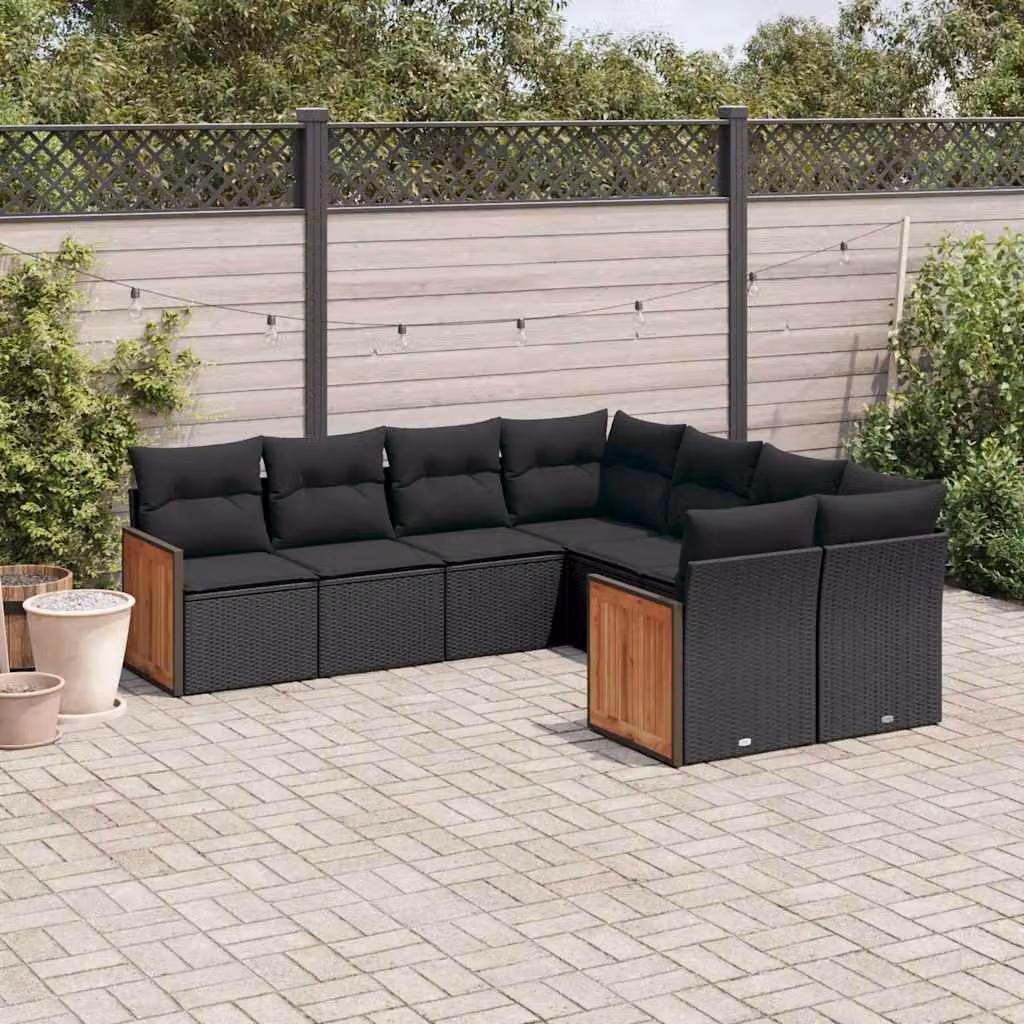vidaXL Set Divani da Giardino a L in Polyrattan Nero con 8 Cuscini Imbottiti e Coperture Rimosse – 1
