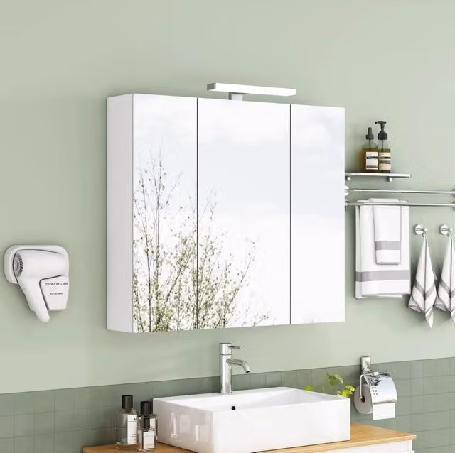 Armadio bagno a specchio 80x16x70 cm MDF e vetro bianco LED 3 ante salvaspazio –