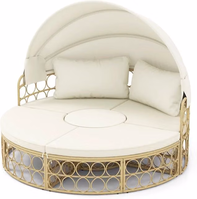 Lettino Prendisole Rotondo COSTWAY in Rattan PE con Tettoia Retrattile e Cuscini, Set Divano da Giardino Beige e Bianco, L/P/H: 180 x 180 x 150 cm
