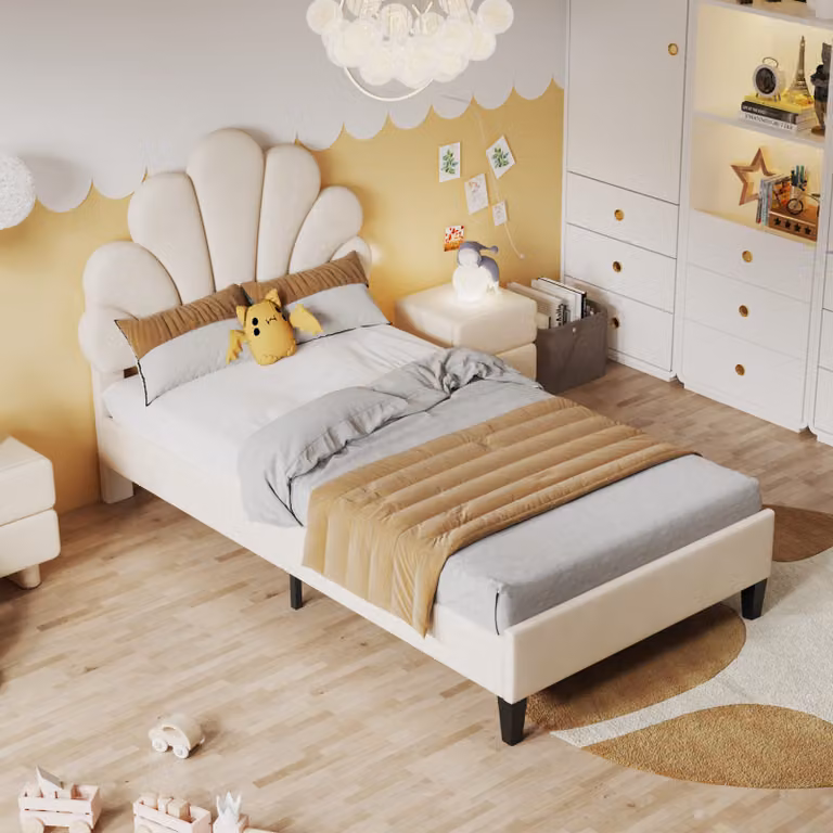 Letto imbottito Fortuna Lai 90x200cm con testata regolabile in altezza e rete a doghe, testata a forma di fiore Letto singolo Letto per bambini e adulti