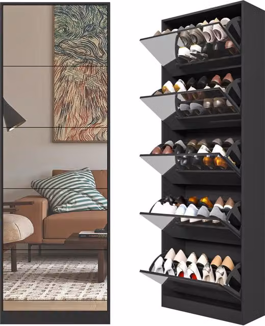 Armadio Porta Scarpe Specchiato con 5 Cassetti Ribaltabili e Struttura in MDF, Nero, 185 cm, Salvaspazio per Ingresso