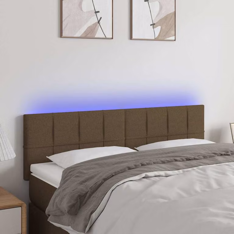 Testiera per letto vidaXL in tessuto marrone scuro con illuminazione LED e porta di ricarica USB, L: 144 cm, P: 5 cm, H: 78-88 cm