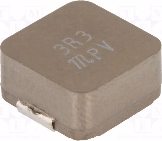 1x Induttore: Materiale: Ferrite. Corrente di funzionamento: 19,7A (20%). Resistenza: 6,2 mΩ. Induttanza: 3,3 uH. Corrente di saturazione: 22,5A. Modello: MPXV1D1264L3R3 SM