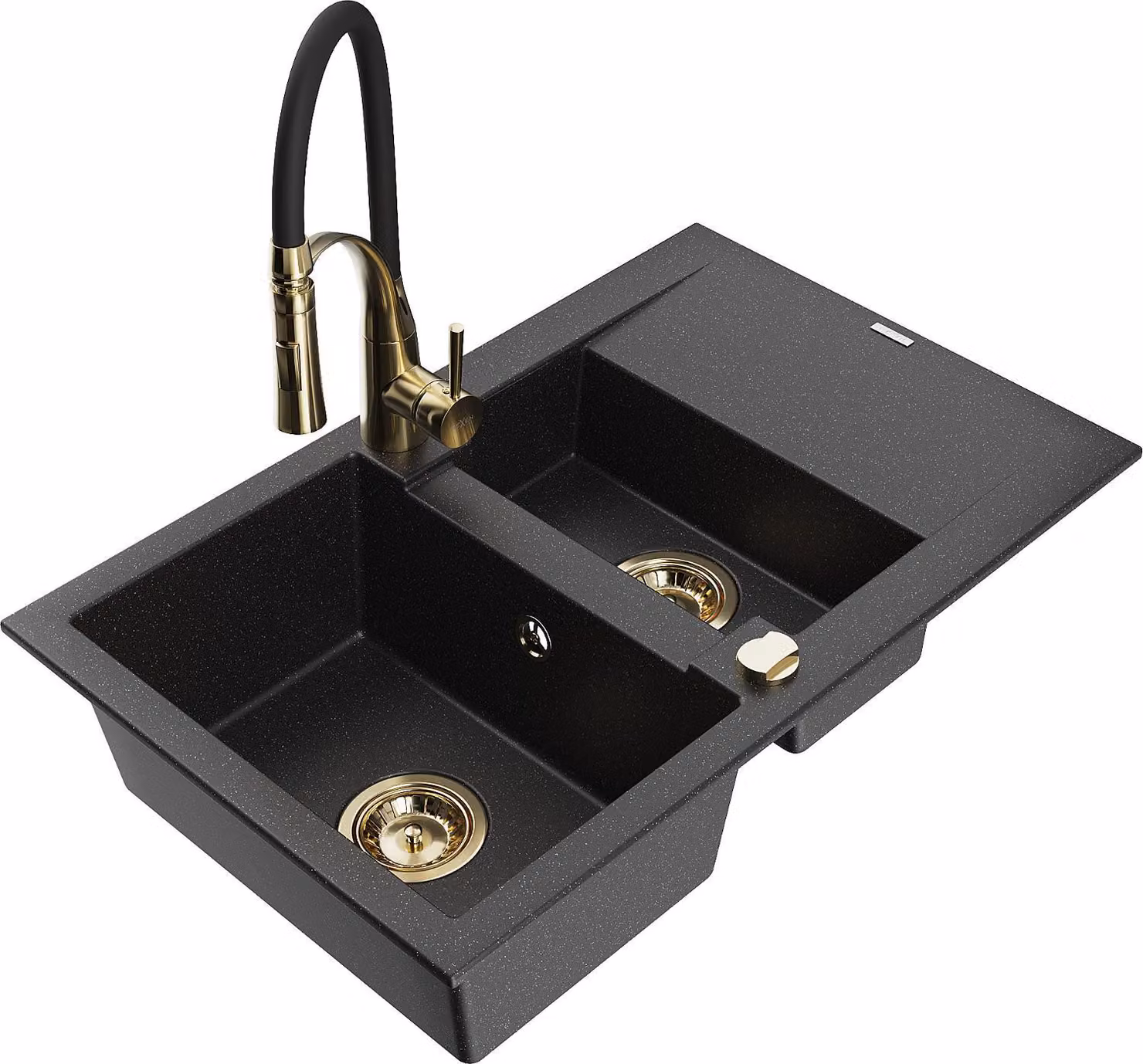 Mexen Gaspar lavello in granito 1,5 vasche con gocciolatoio e miscelatore da cucina Aster, nero/argento - 6507-73-73450-57-G