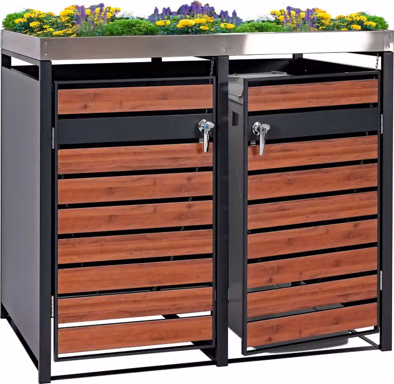 contenitore a 2 scomparti con fioriera HWC-J81, espandibile, 125x132x80cm metallo 47kg, antracite ~ aspetto ciliegio