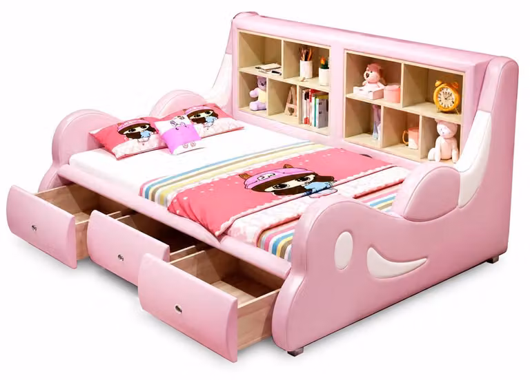 Letto per bambini rosa con scaffali e cassetti, ideale per una cameretta da bambina