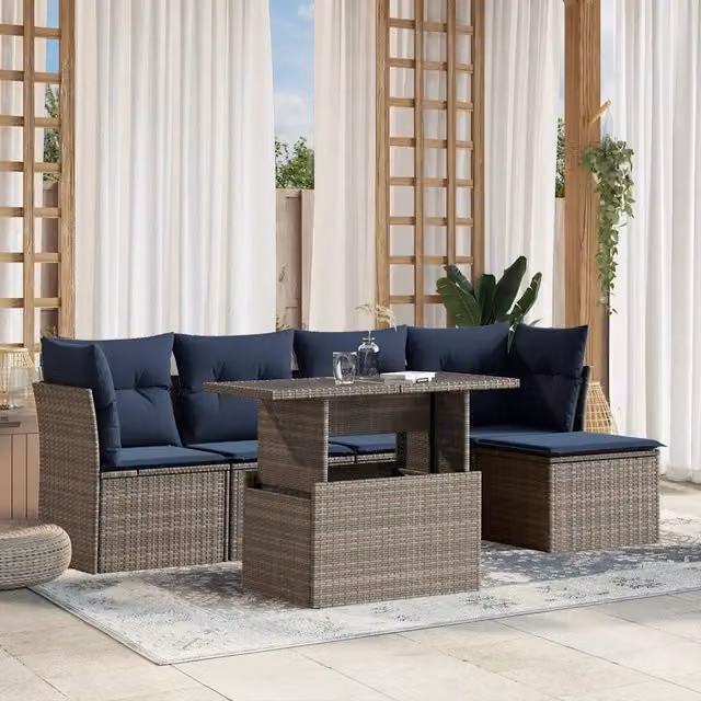 Set da giardino moderno vidaXL composto da 6 pezzi con divano a L, tavolino e pouf in rattan e metallo, colore grigio e blu con cuscini inclusi – 1