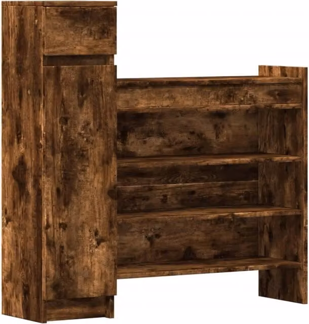 Scarpiera moderna a parete in MDF marrone con ante e cassetti per ingresso o soggiorno L: 100,5 cm, H: 100,5 cm, P: 28 cm