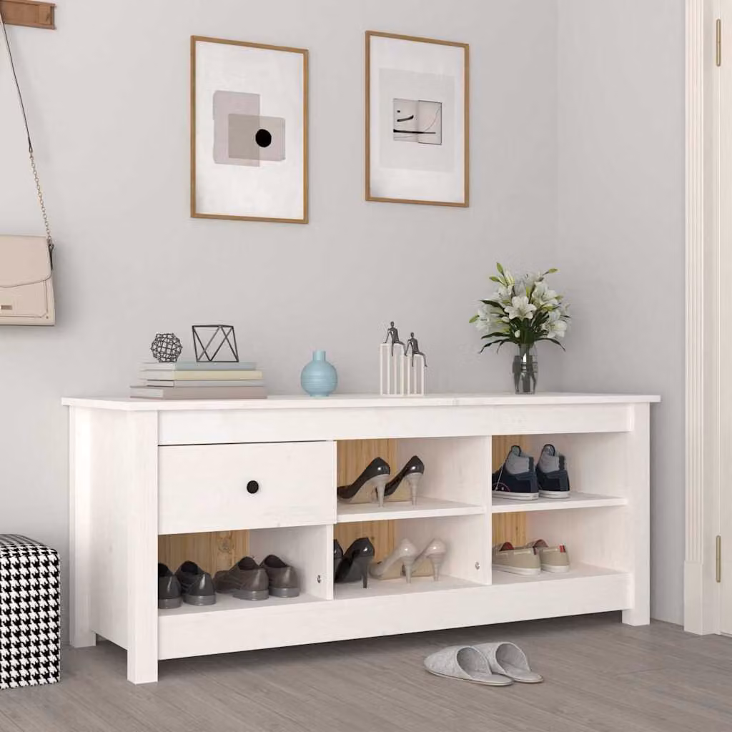 Scarpiera bianca vidaXL in legno massello di pino con ante e ripiani L: 110 cm, P: 38 cm, H: 45,5 cm