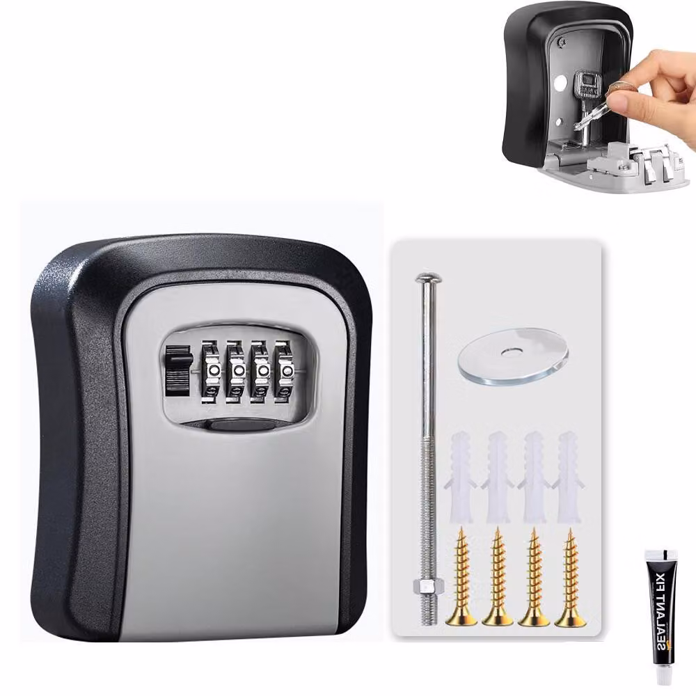 Cassaforte per chiavi con serratura a combinazione – Codice a 4 cifre – Scatola portachiavi per esterni – Resistente alle intemperie – Completa di viti e adesivo – 11,7x9,7x4 cm – Grigia