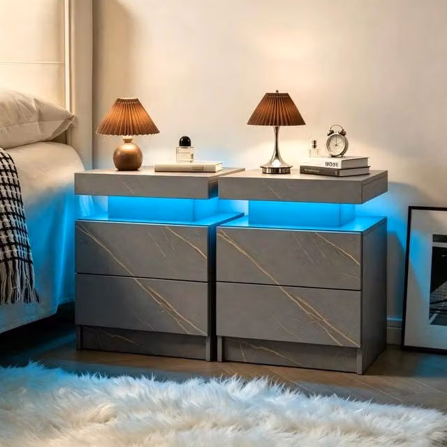Comodini set di 2 con LED regolabile multicolore; 2 cassetti e vano aperto grigio e oro 58.0 × 41.5 × 36.0 cm