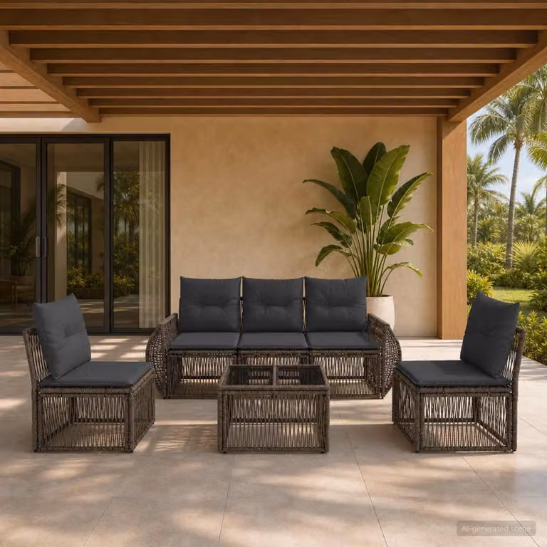 Set Divano da Giardino vidaXL 6 Pezzi in Polyrattan con Tavolino e Cuscini, Grigio e Antracite