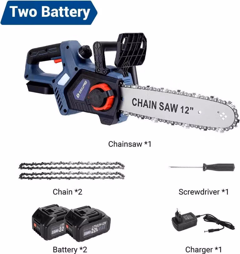 Sega a catena a batteria - Sega a catena senza fili brushless da 30 cm - Sega a catena elettrica - Batteria al litio da 1500 mAh - 2 batterie - Spina UE