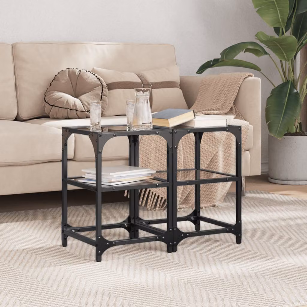 Set di 2 tavolini da salotto vidaXL con piano in vetro nero e struttura in metallo, L/P/H: 30 x 30 x 45 cm