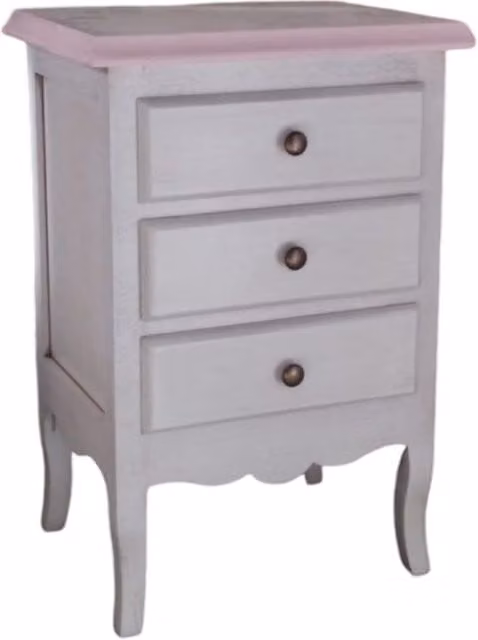 Comodino Mobili 2G in legno shabby chic bianco anticato con 3 cassetti e decori rosa L: 42 cm, P: 34 cm, H: 64 cm
