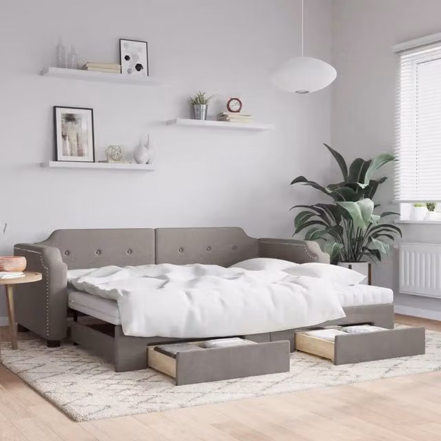 Divano Letto Estraibile con Cassetti vidaXL in Tessuto Beige o Grigio per Soggiorno e Camera da Letto L/P/H: 223 x 110 x 66,5 cm, Dimensioni Letto: 100 x 200 cm – 1