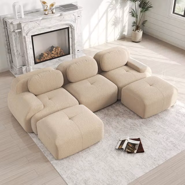 Divano angolare modulare in tessuto corduroy senza montaggio con braccioli curvi e base antiscivolo beige