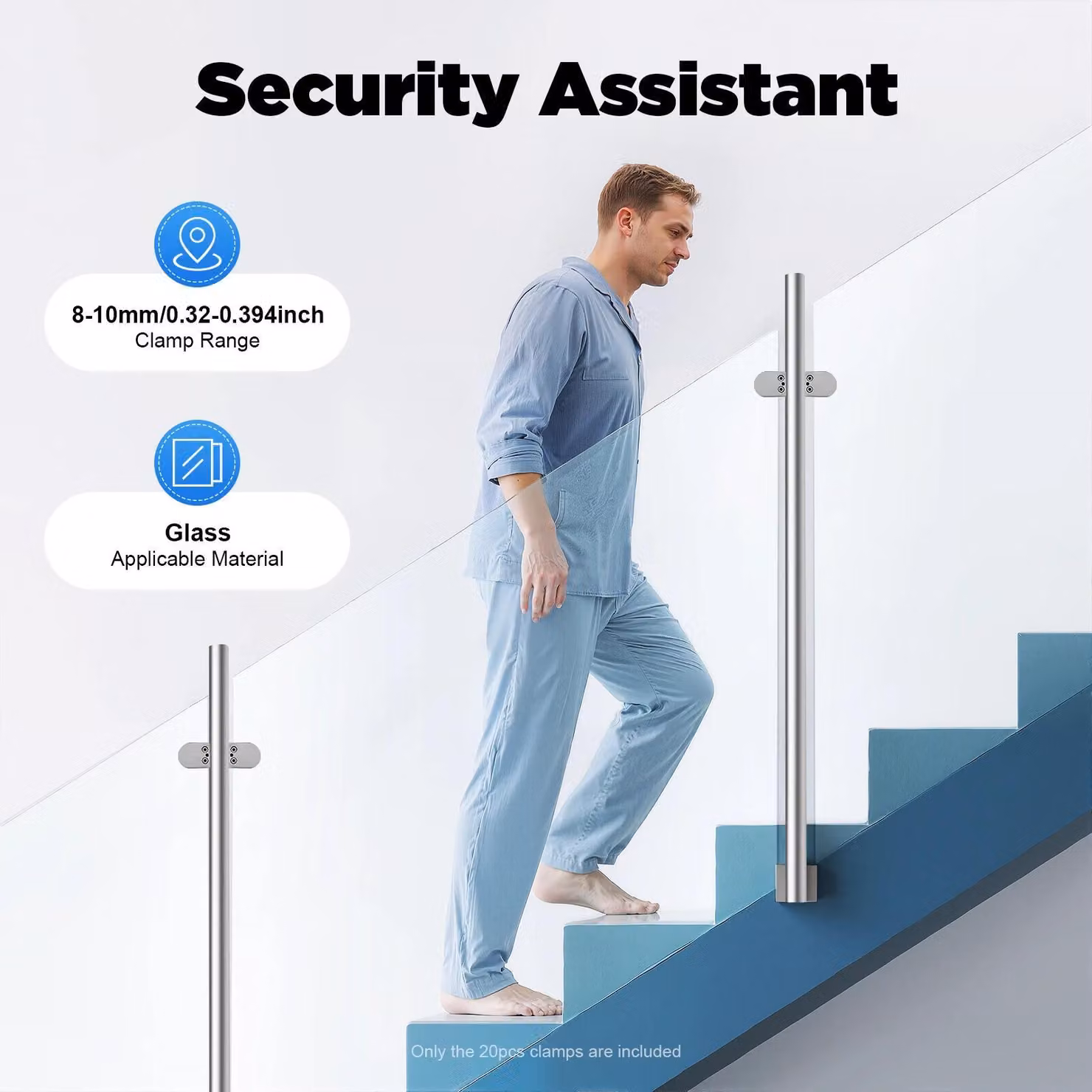 Morsetto per vetro - Supporto per vetro - Acciaio inossidabile - Per vetro da 8–10 mm - 20 pezzi - Antiruggine - Per materiali non metallici - Per balconi, scale, recinzioni per piscine